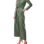 faux leather jumpsuit with long sleeves, wide legs, snap front, pockets and waist tie and elastic waist in olive