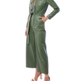 faux leather jumpsuit with long sleeves, wide legs, snap front, pockets and waist tie and elastic waist in olive