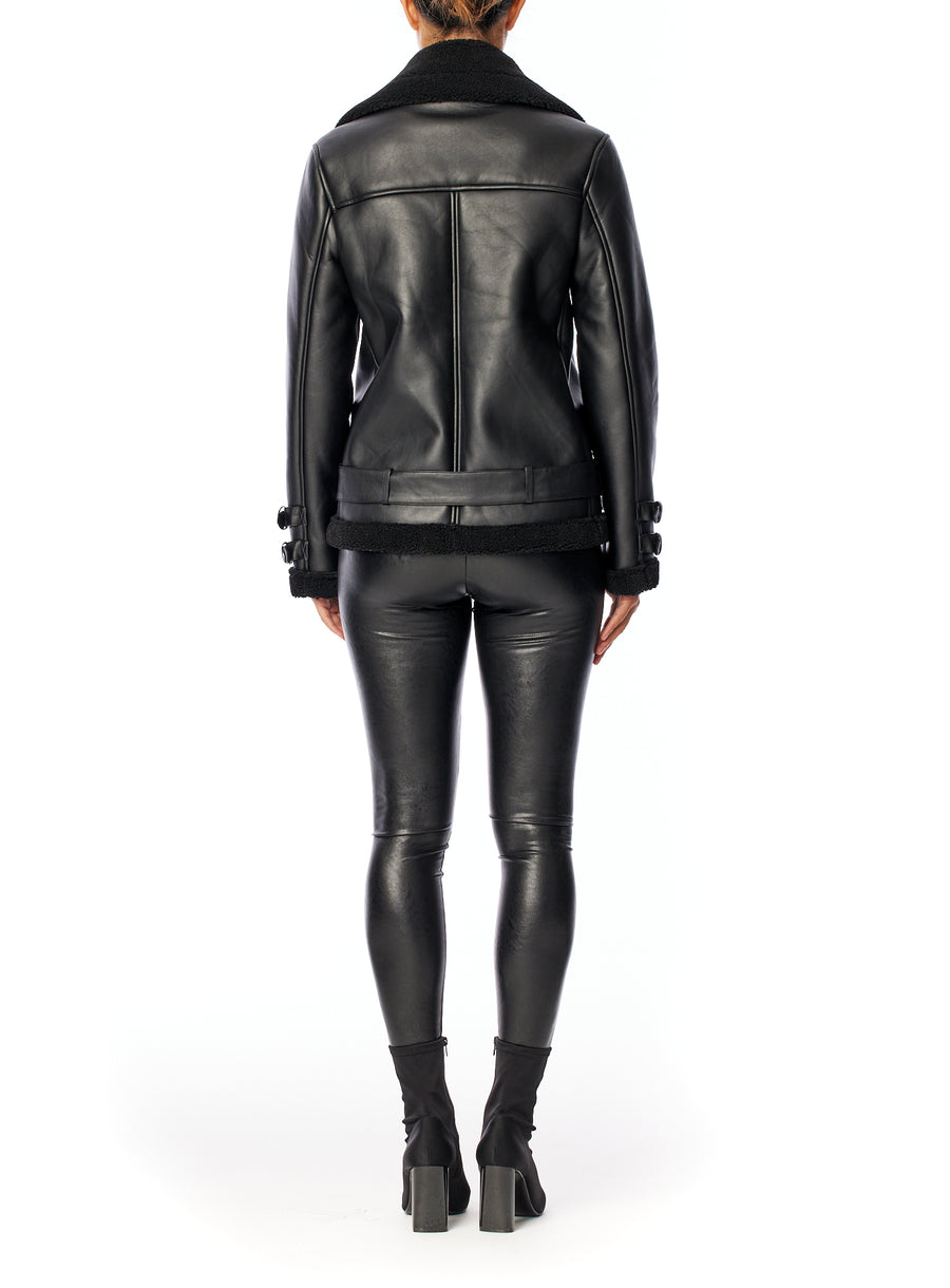 vegan leather oversized moto jacket with zippers, grommets, bottom belt and faux shearling lining