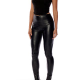 vegan leather legging with a medium rise and flattering fit in black