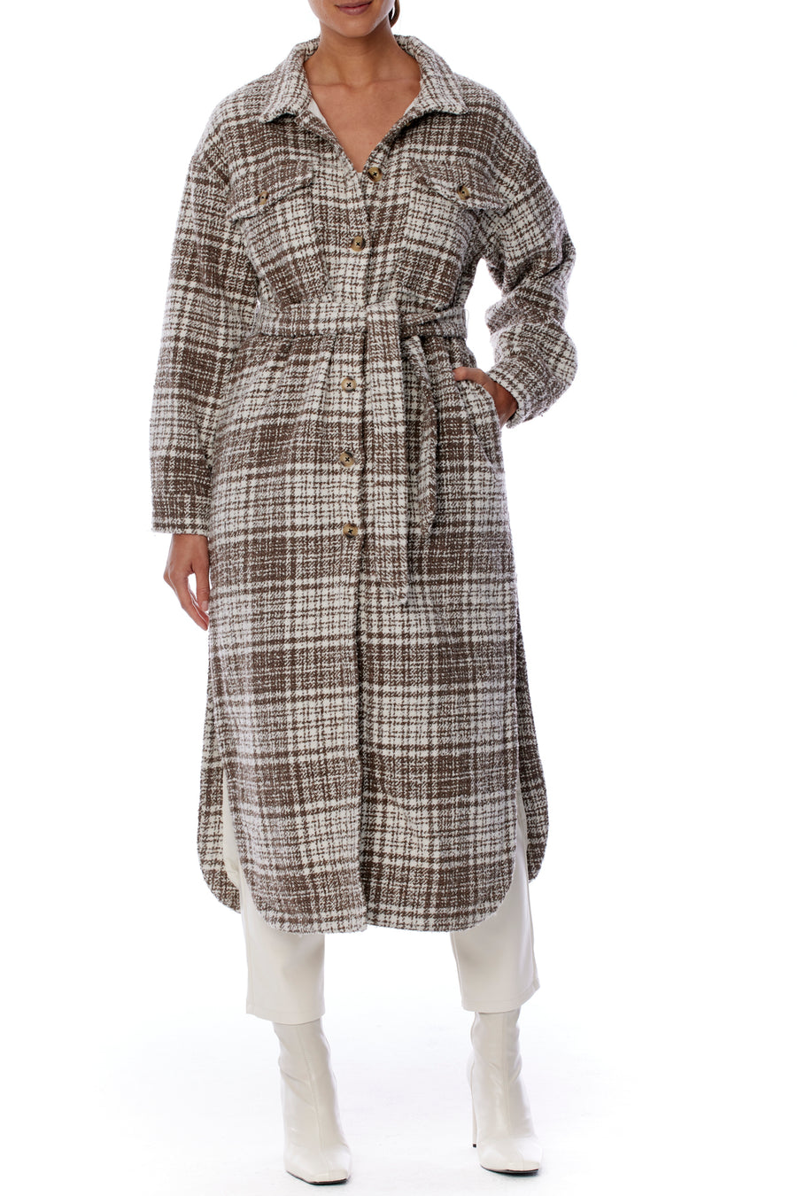 midi length, button up coco and white plaid jacket with shirttail hem and waist tie