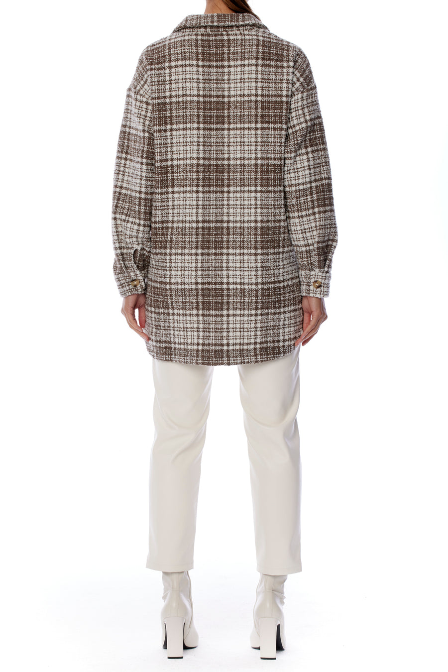 Cozy coco and white plaid button up top with shirttail hem, collar and front and side pockets