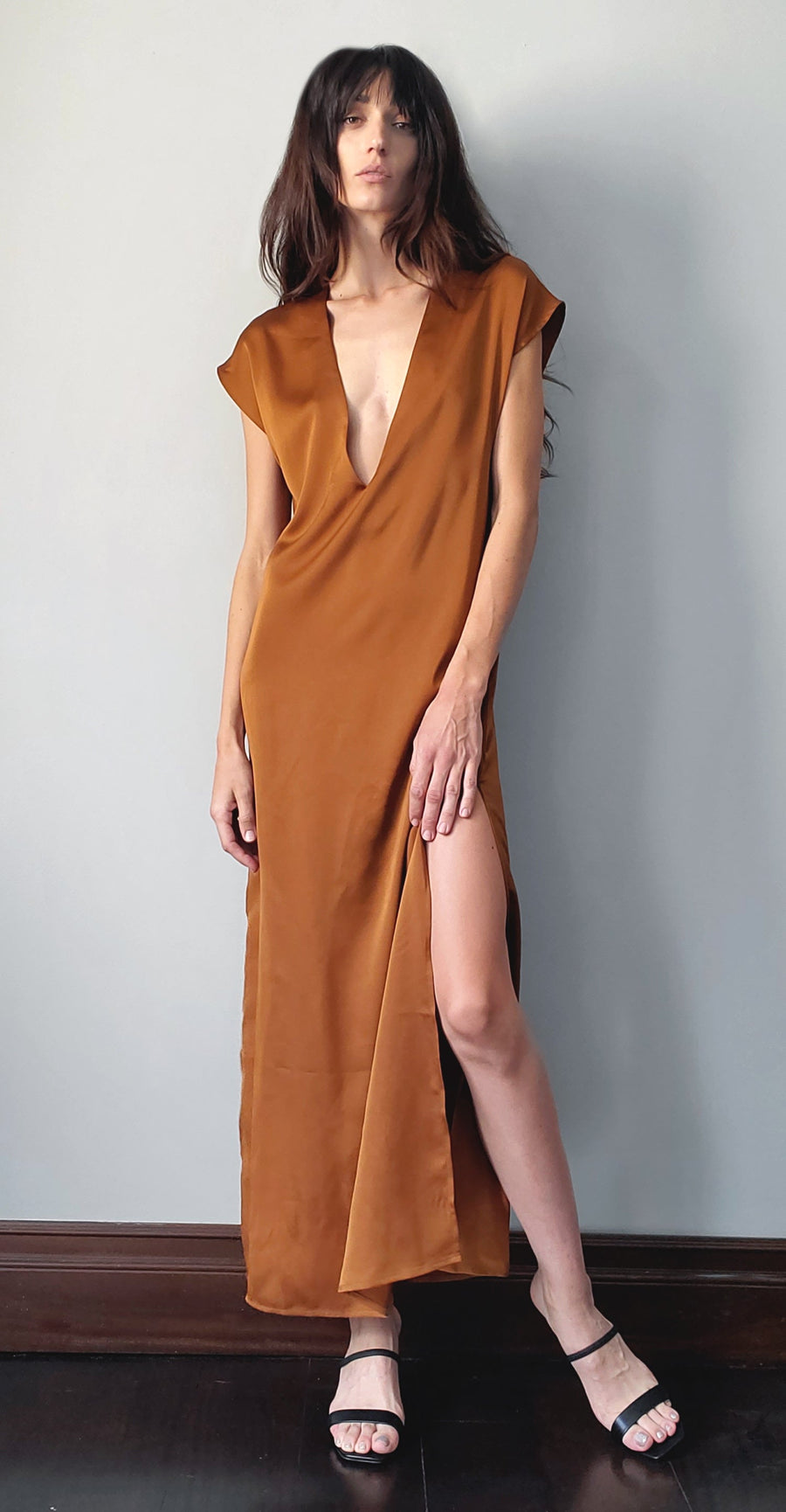 Cautalina Vegan silk deep v-neck, sleeveless, maxi dress with side slits.