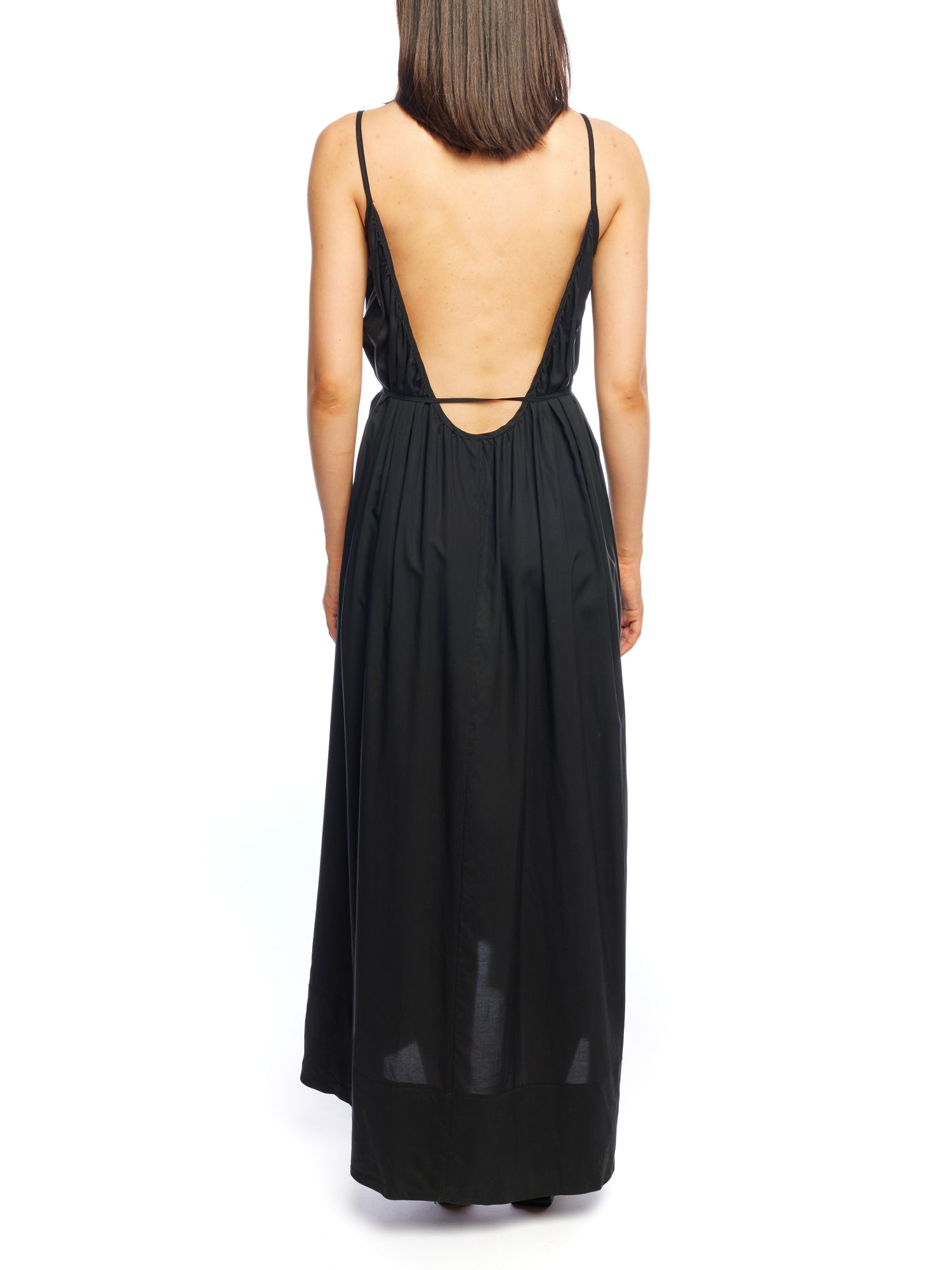 high low maxi dress with adjustable spaghetti straps, open, scoop back and removable tie in black