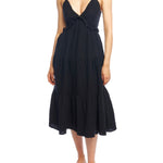 Tiered midi dress with a deep v-neck, adjustable spaghetti straps, ruffled under bodice and smocked back in black