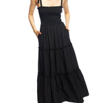 Darla tiered maxi dress with smocked bodice and tie sleeves in black