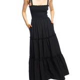 Darla tiered maxi dress with smocked bodice and tie sleeves in black