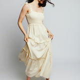 Darla tiered maxi dress with smocked bodice and tie sleeves in creme - in motion