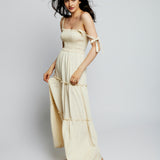 Darla tiered maxi dress with smocked bodice and tie sleeves in creme - side