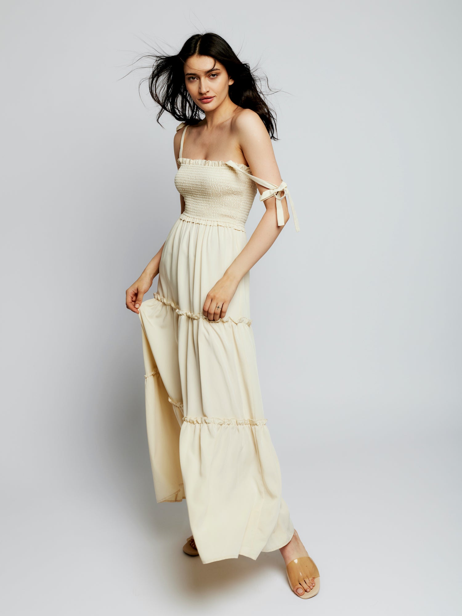 Darla tiered maxi dress with smocked bodice and tie sleeves in creme - side