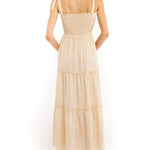 Darla tiered maxi dress with smocked bodice and tie sleeves in creme