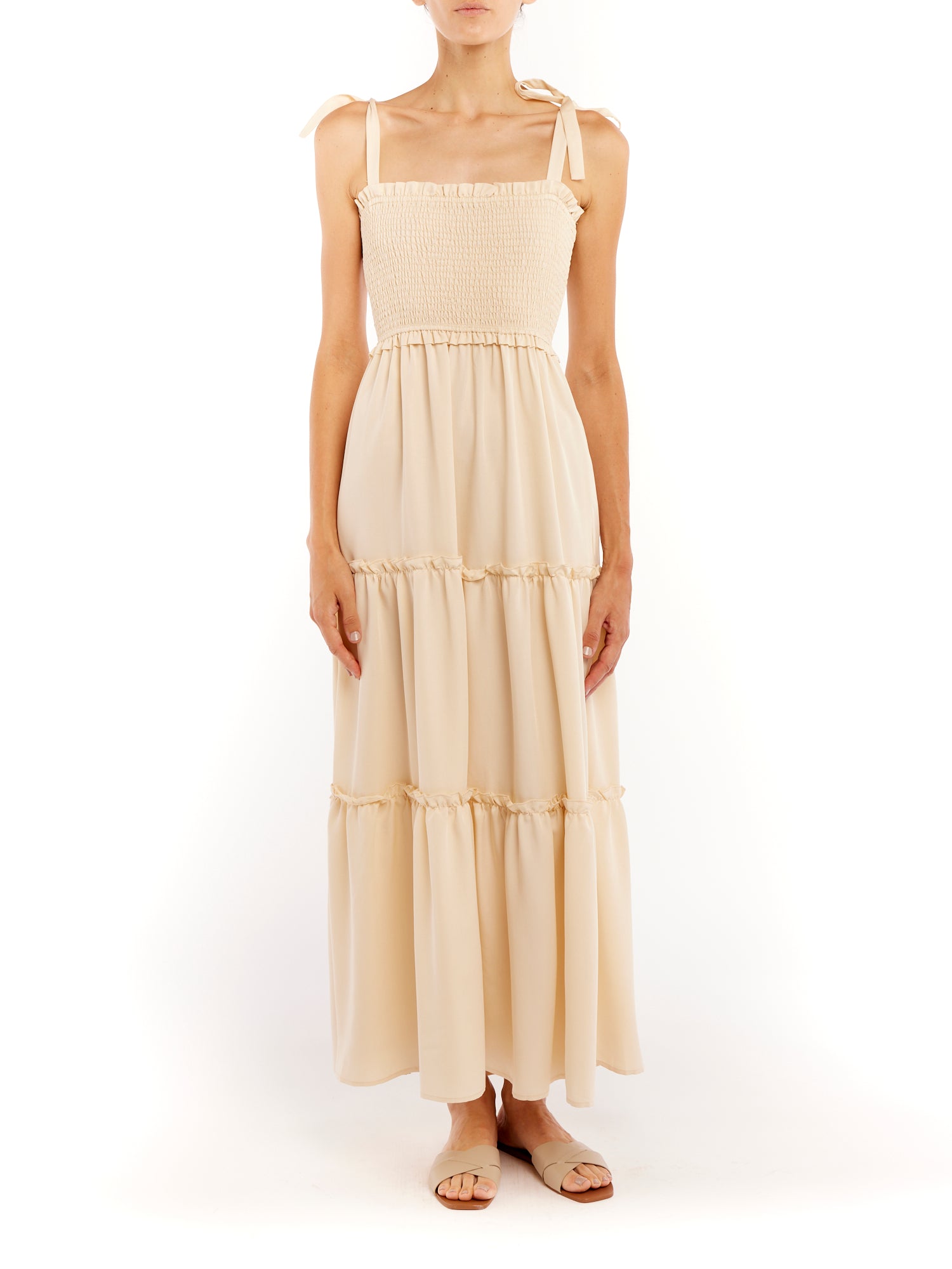 Darla tiered maxi dress with smocked bodice and tie sleeves in creme