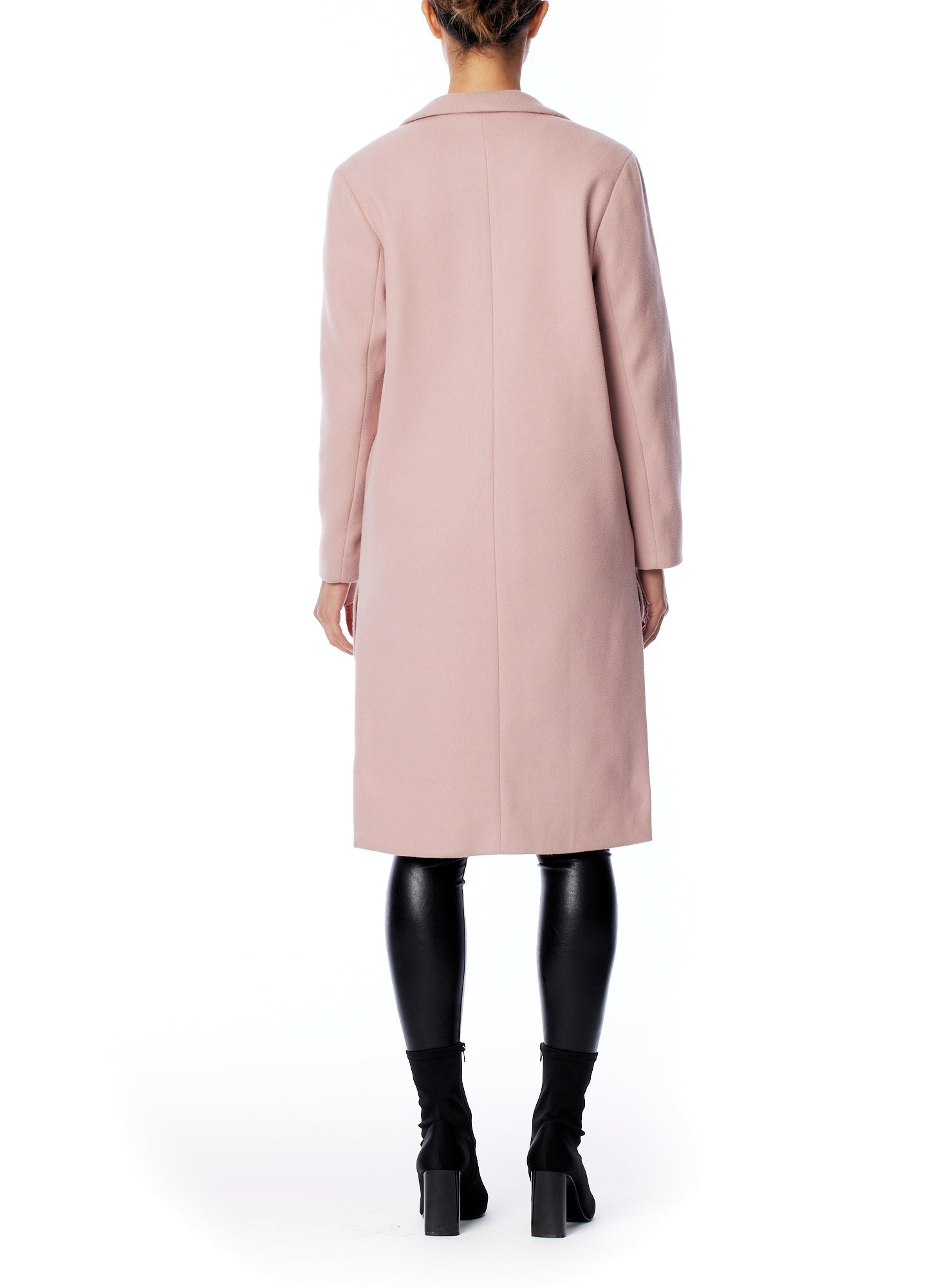 vegan jacket featuring a flattering slim fit, open front, pointed collar and side slits in blush
