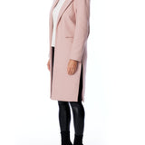 vegan jacket featuring a flattering slim fit, open front, pointed collar and side slits in blush