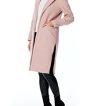 vegan jacket featuring a flattering slim fit, open front, pointed collar and side slits in blush