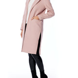 vegan jacket featuring a flattering slim fit, open front, pointed collar and side slits in blush
