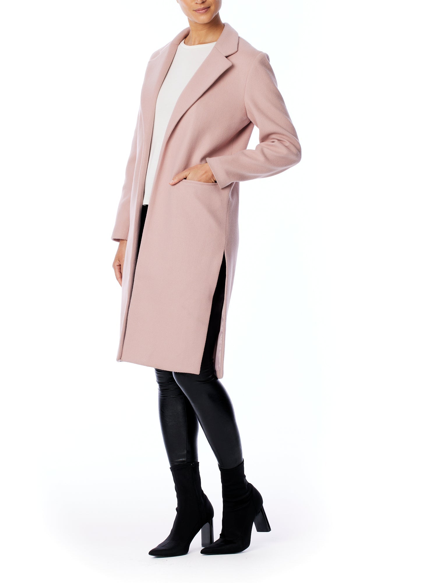 vegan jacket featuring a flattering slim fit, open front, pointed collar and side slits in blush