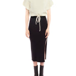 Cropped cable knit, short sleeve sweater with a drawstring, adjustable cinched waist - front view