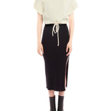 Cropped cable knit, short sleeve sweater with a drawstring, adjustable cinched waist - front view