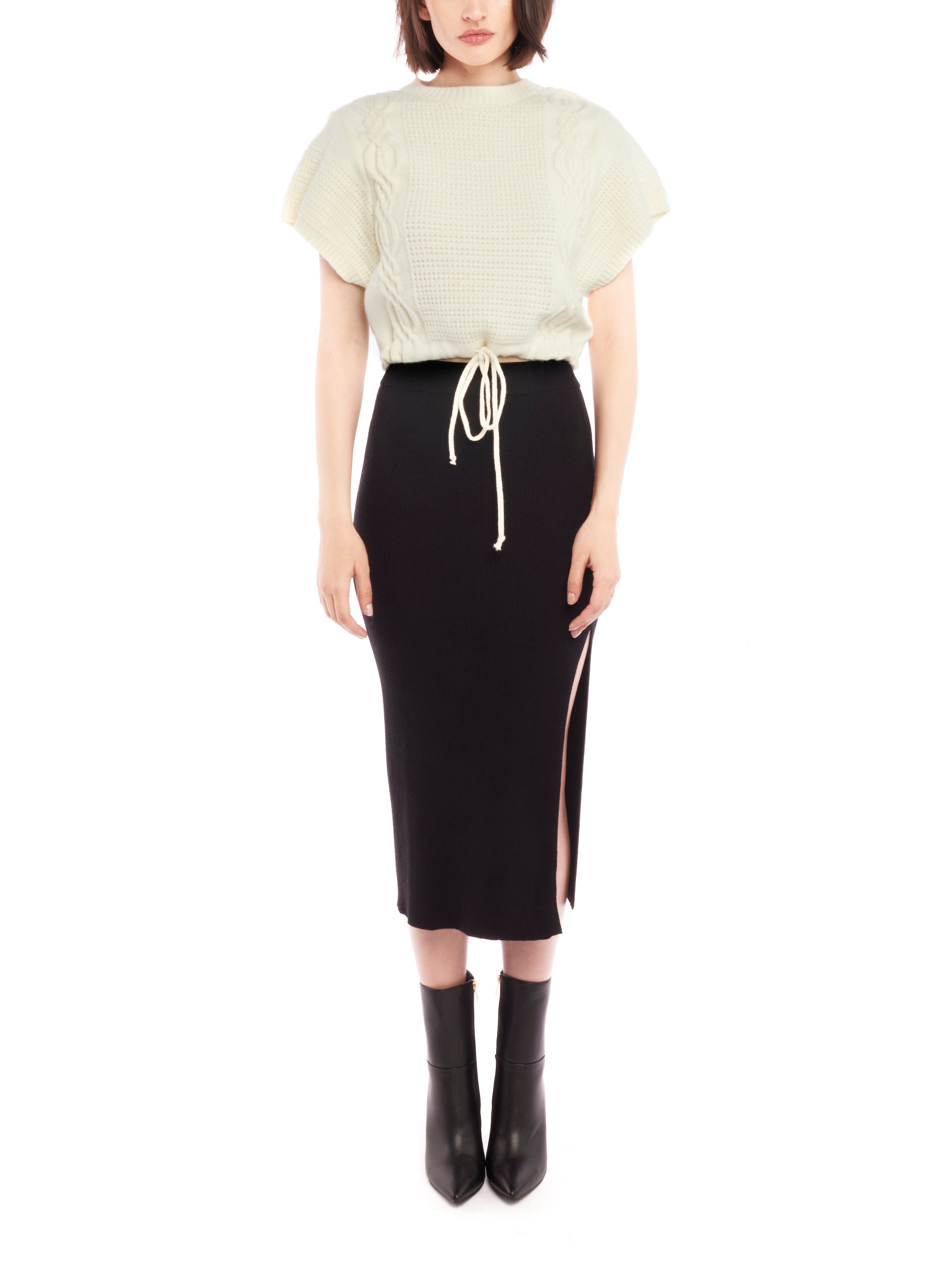 Cropped cable knit, short sleeve sweater with a drawstring, adjustable cinched waist - front view