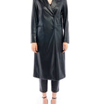Midi length, double breasted, vegan leather jacket featuring long sleeves and pockets