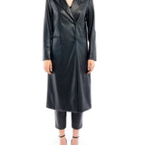 Midi length, double breasted, vegan leather jacket featuring long sleeves and pockets