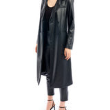 Midi length, double breasted, vegan leather jacket featuring long sleeves and pockets