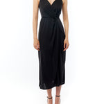 midi dress with a surplice top, gathered twist front, adjustable spaghetti straps and side slit in black