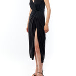 midi dress with a surplice top, gathered twist front, adjustable spaghetti straps and side slit in black