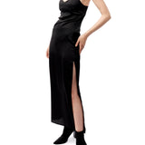 faux silk dress with spaghetti straps, v-neck and side slit in black