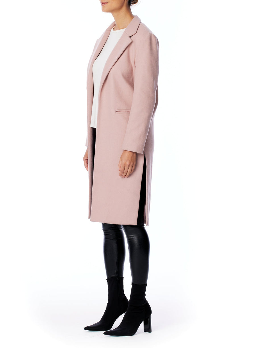 vegan jacket featuring a flattering slim fit, open front, pointed collar and side slits in blush