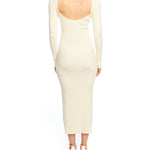 long sleeve, midi dress with a mock turtleneck, ribbed detailing, side slit and back cut out in ivory
