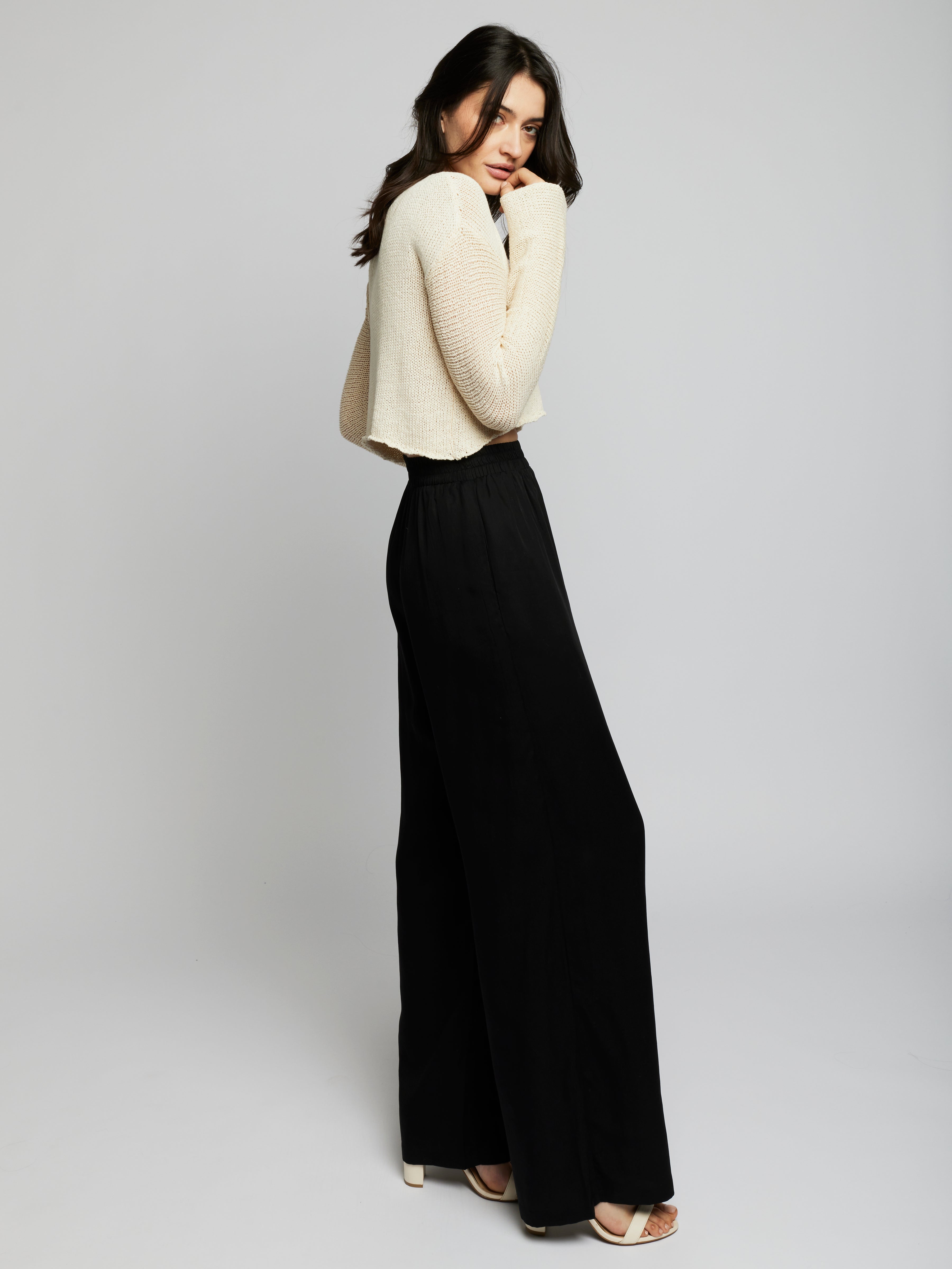 cropped sweater featuring a boat neck, long sleeves, drop shoulder and open knit - side