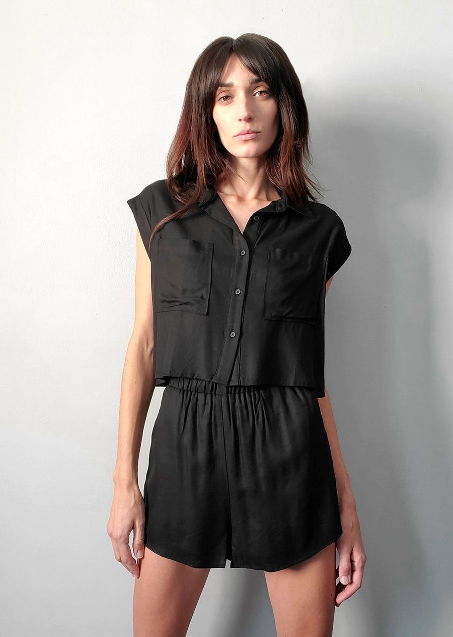 Tina Pocket Front Short Sleeve Button Up Black LBLC the label
