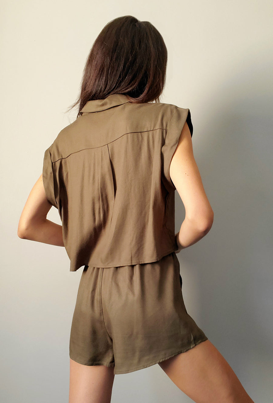 Tina Pocket Front Short Sleeve Button Up Olive LBLC the label