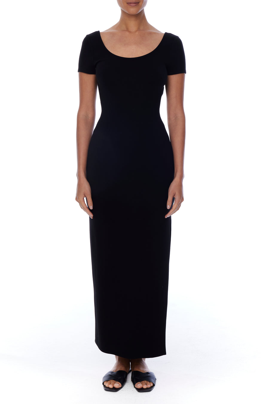 midi-length, open back dress by LBLC the label with short sleeves, scoop neck and side slit - front