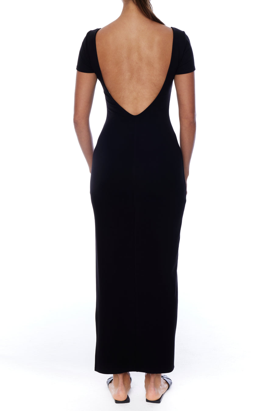 midi-length, open back dress by LBLC the label with short sleeves, scoop neck and side slit - back 