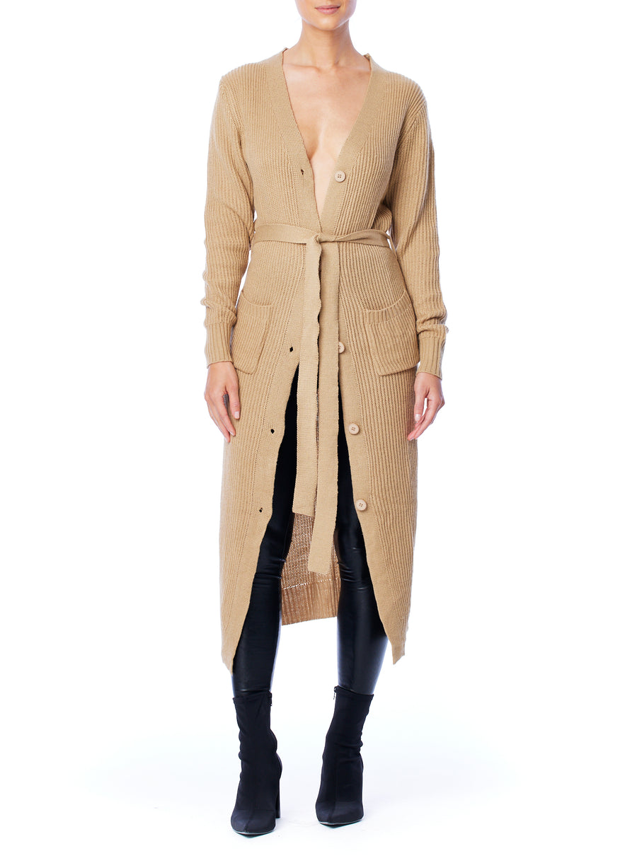 button down ribbed long cardigan with waist tie and front pockets