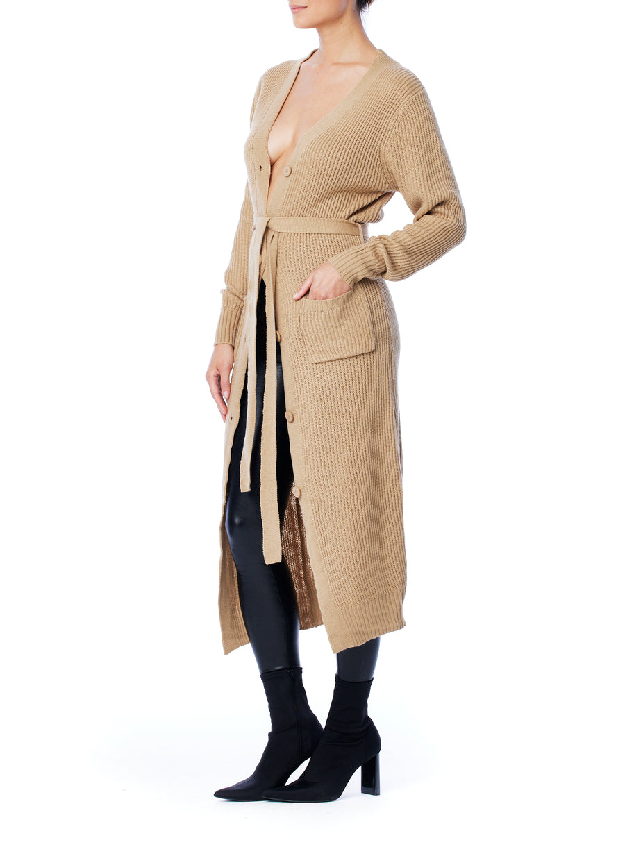 button down ribbed long cardigan with waist tie and front pockets