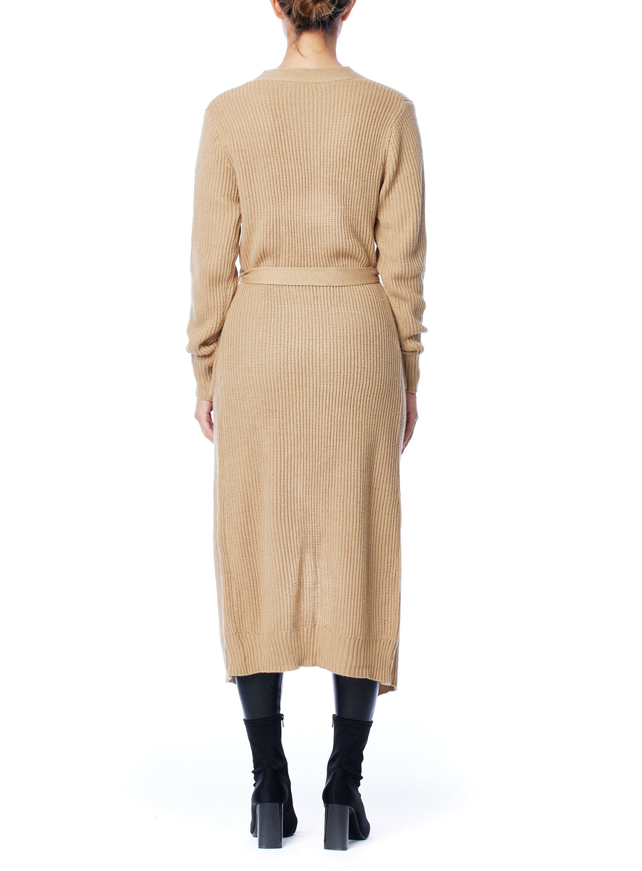 button down ribbed long cardigan with waist tie and front pockets