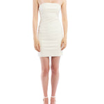 faux leather dress with a tube top, mini length, side zipper, body hugging silhouette and seam detailing in ivory