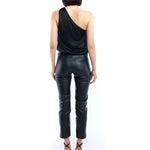 draped, one shoulder bodysuit made of vegan silk featuring a thong cut and hidden side zipper in black