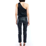 draped, one shoulder bodysuit made of vegan silk featuring a thong cut and hidden side zipper in black