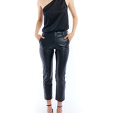 draped, one shoulder bodysuit made of vegan silk featuring a thong cut and hidden side zipper in black