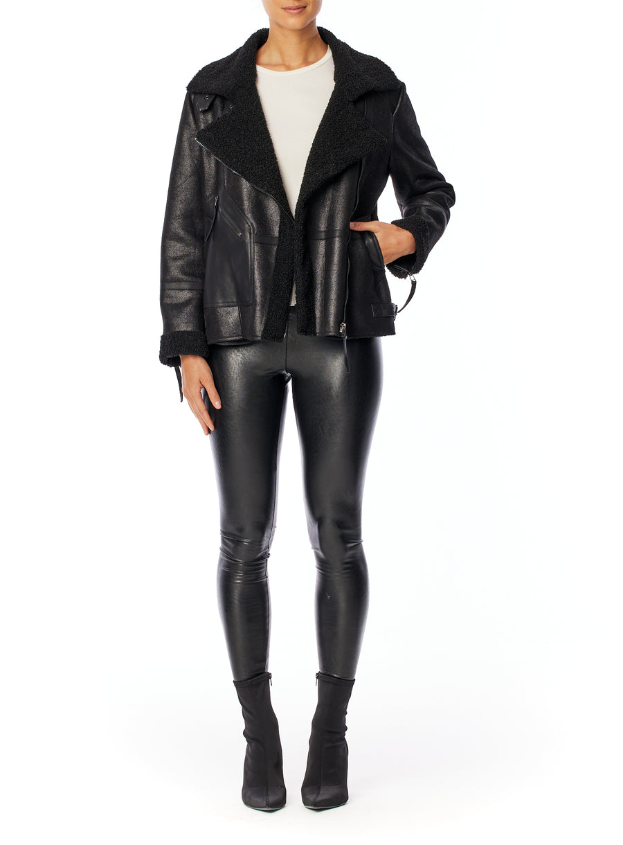 Vegan leather jacket with zippers, adjustable side tabs and faux shearling lining - Front