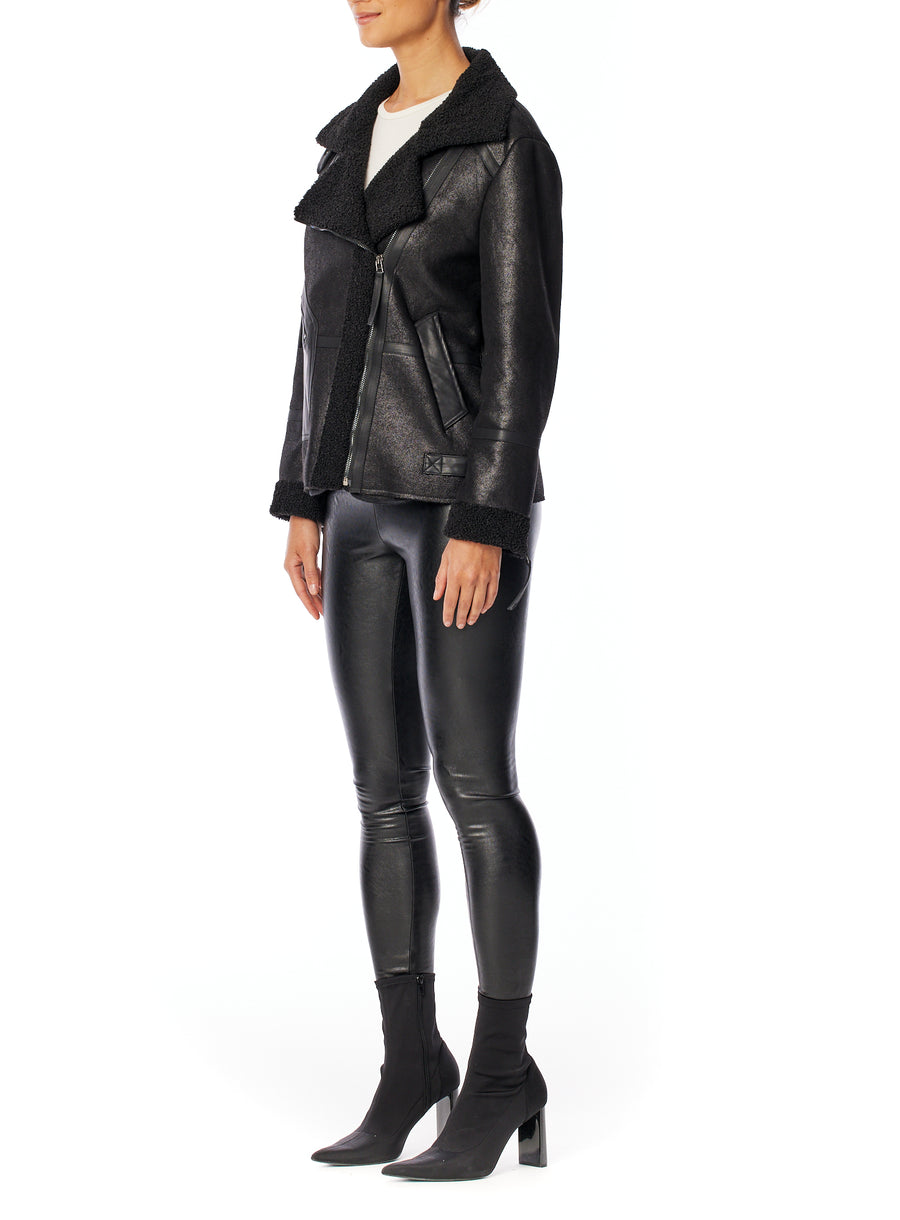 Vegan leather jacket with zippers, adjustable side tabs and faux shearling lining - Side