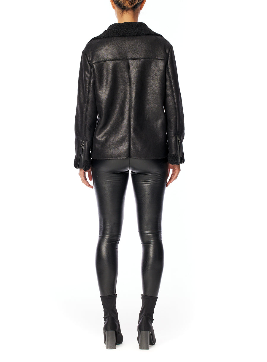 Vegan leather jacket with zippers, adjustable side tabs and faux shearling lining - Back