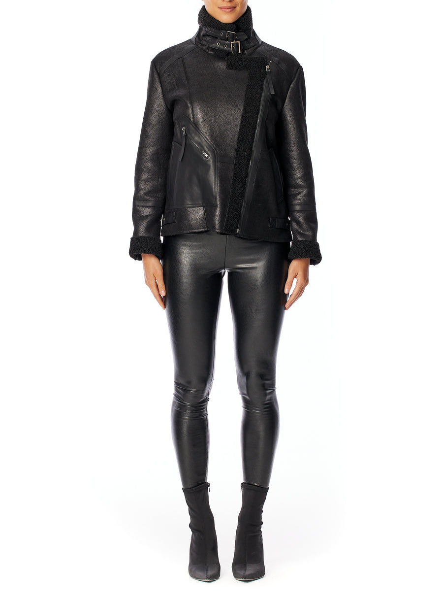 Vegan leather jacket with zippers, adjustable side tabs and faux shearling lining - Front