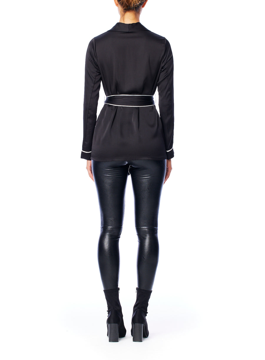 Vegan silk wrap top with contrast seam detailing, long sleeves, pockets and tie waist