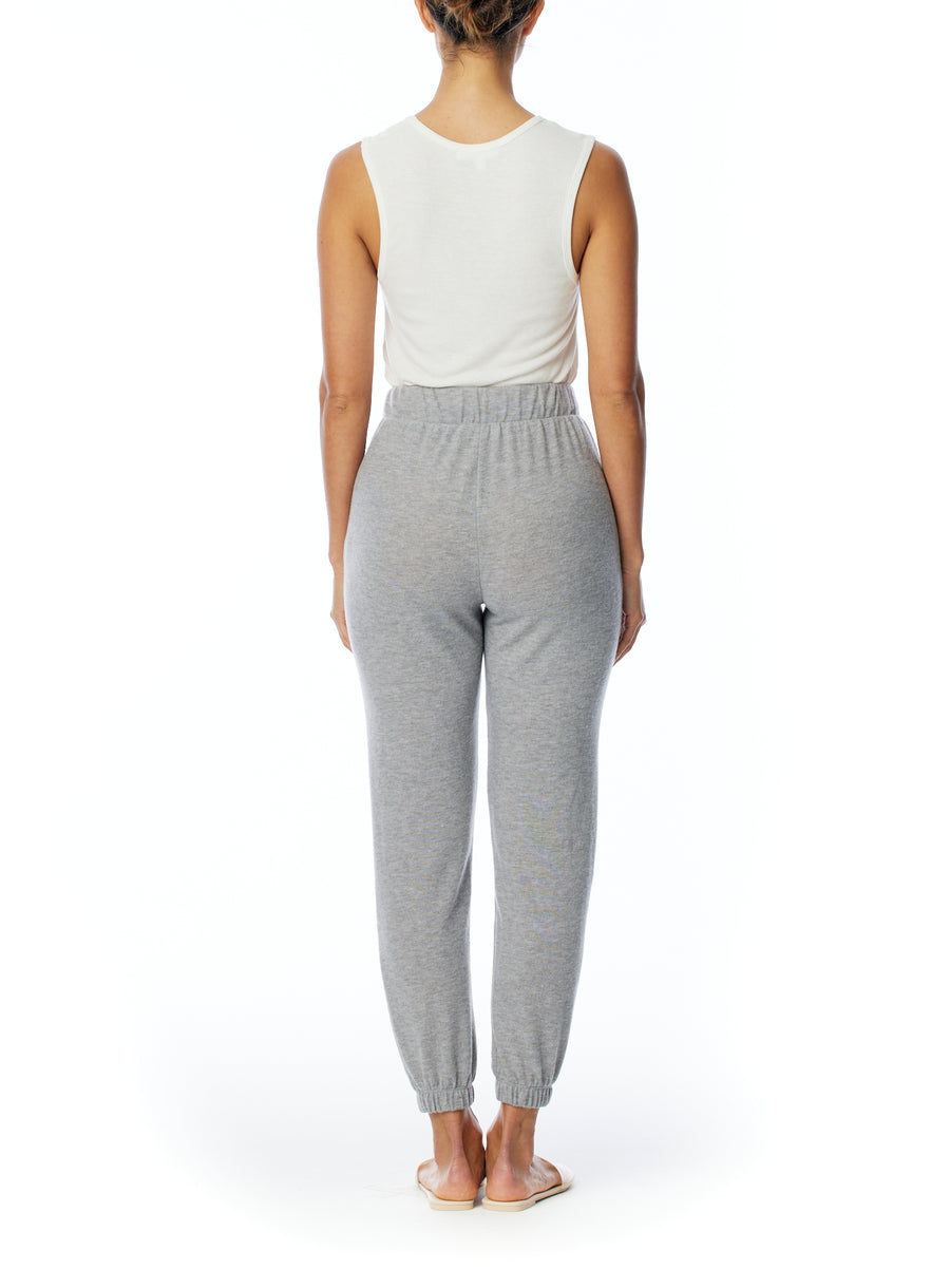 relaxed pocket pant with drawstring, elasticized waist and cuffs in heather grey